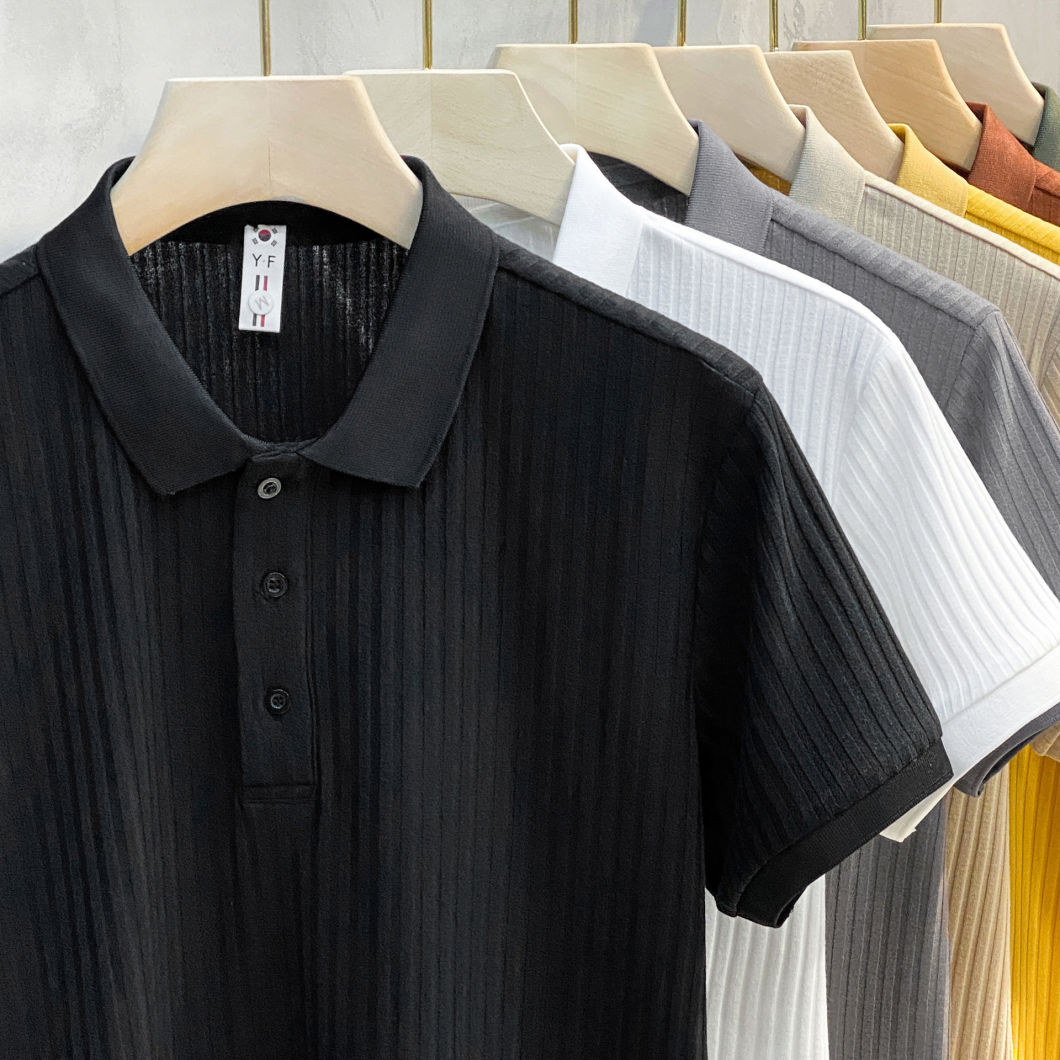 Custom Short-Sleeved Top Lapel Collar Mens Mercerized Knitted T-Shirt Pit Stripe Polo Shirts