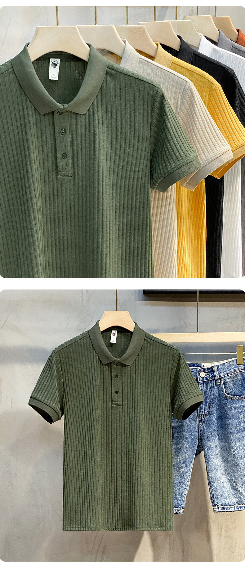 Custom Short-Sleeved Top Lapel Collar Mens Mercerized Knitted T-Shirt Pit Stripe Polo Shirts
